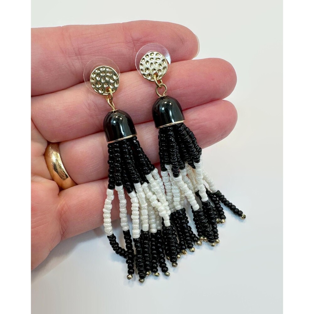 Tassel Earrings, Black, White, Gold, Vintage Earrings, Pierced, Long, Dangles